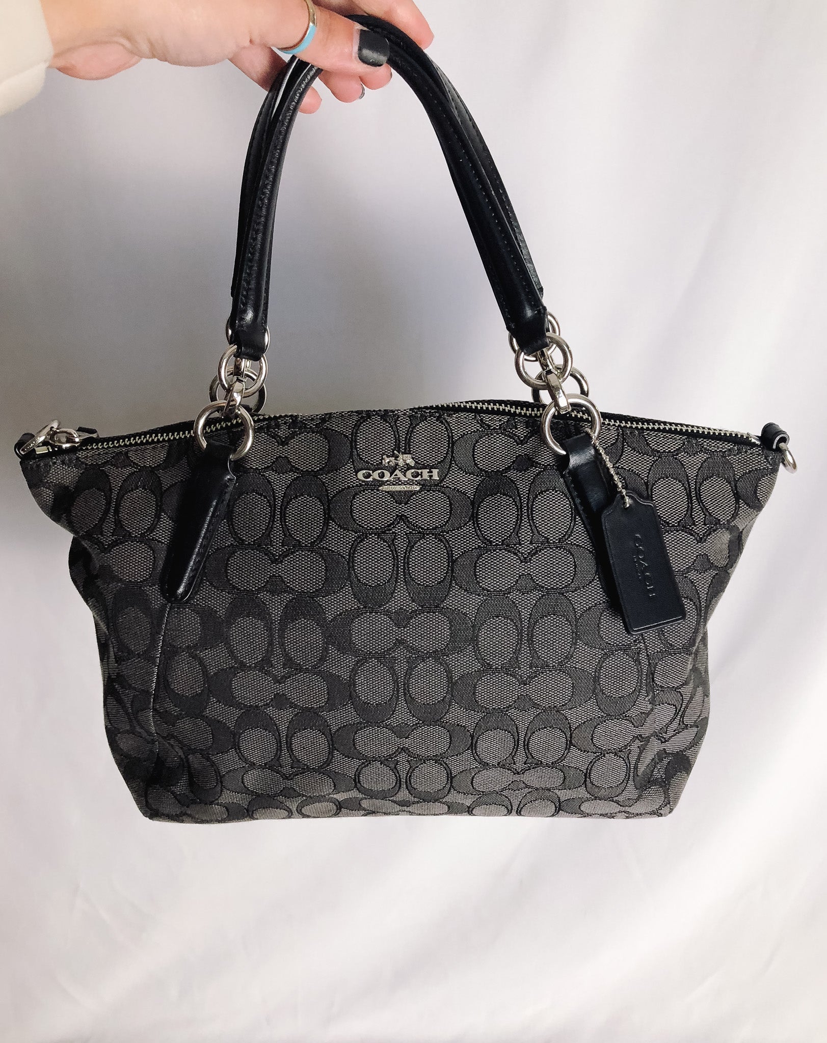 Coach Small Kelsey Satchel In Black Signature Monogram Jacquard Shop Dakota Ranch