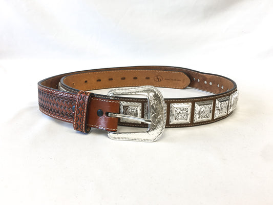 3D Western Men's Leather Concho Tooled Brown Basketweave Belt, Sz. 46, Style #1071