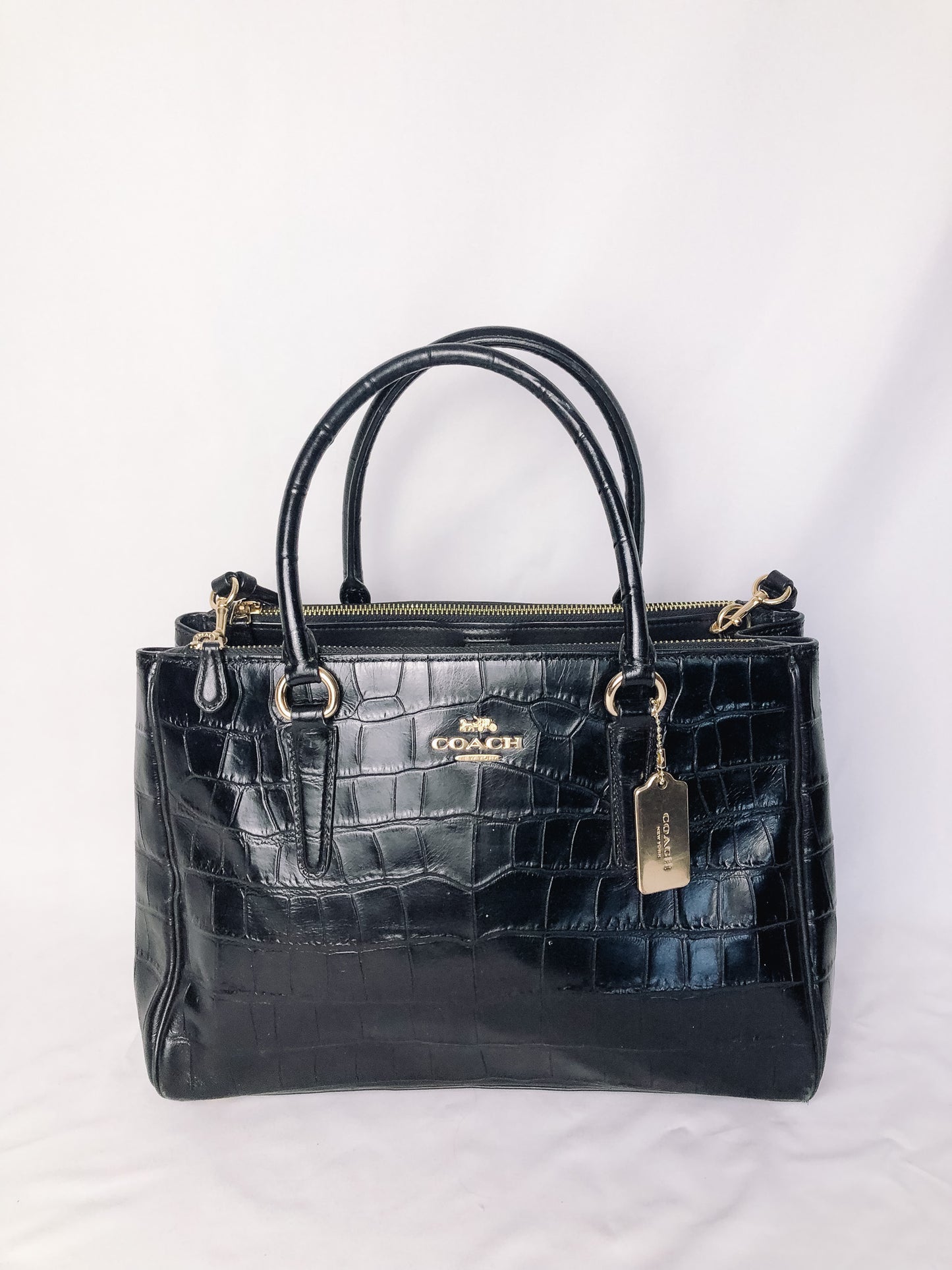 Coach Black Crocodile Embossed Leather Surrey Carryall Bag F48619