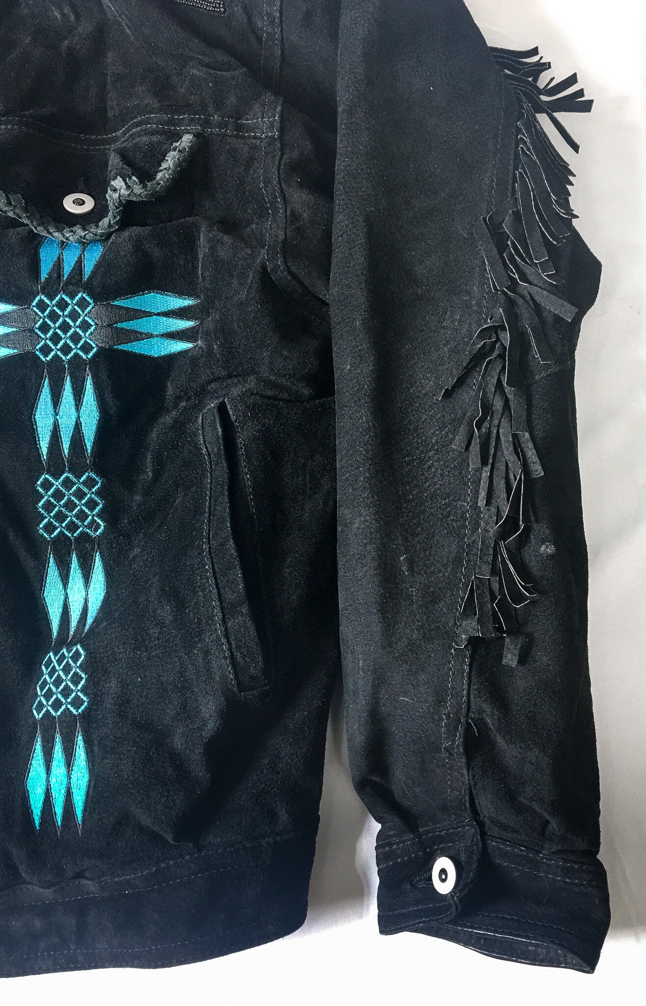 Vintage Alder Black Leather Suede Jacket with Fringe and Blue Bead & Embroidery Detail, Sz. XL, Vintage Western Fringe Jacket