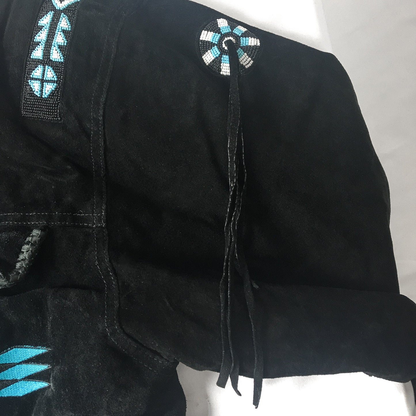 Vintage Alder Black Leather Suede Jacket with Fringe and Blue Bead & Embroidery Detail, Sz. XL, Vintage Western Fringe Jacket