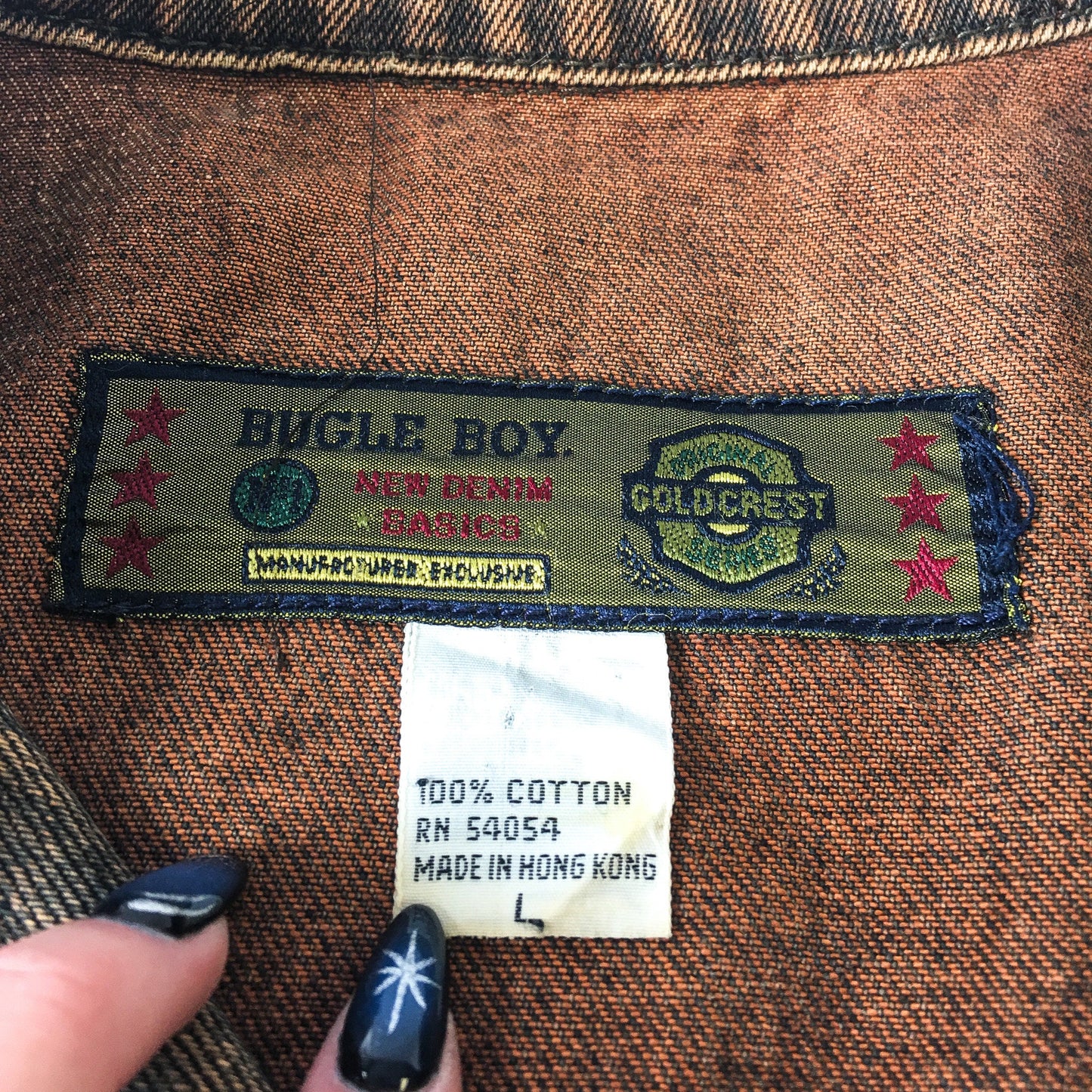 Vintage 90s Bugle Boy Gold Crest Multicolor Woven Abstract Patterned Denim Jacket, Sz. L, 1990s Unique Jean Jacket