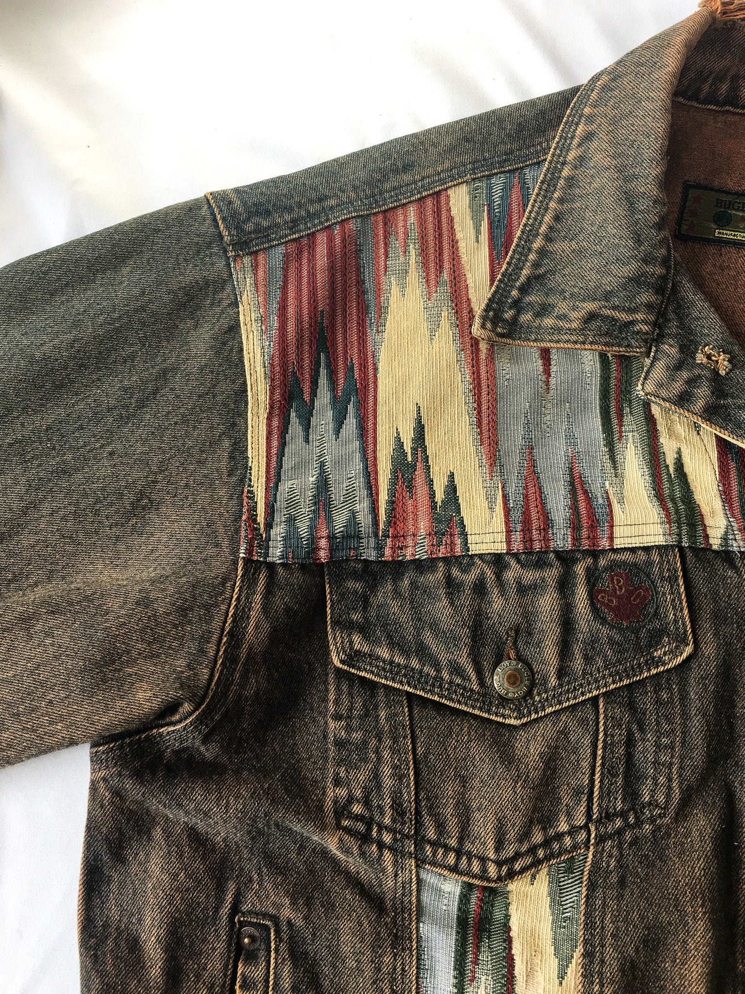 Vintage 90s Bugle Boy Gold Crest Multicolor Woven Abstract Patterned Denim Jacket, Sz. L, 1990s Unique Jean Jacket