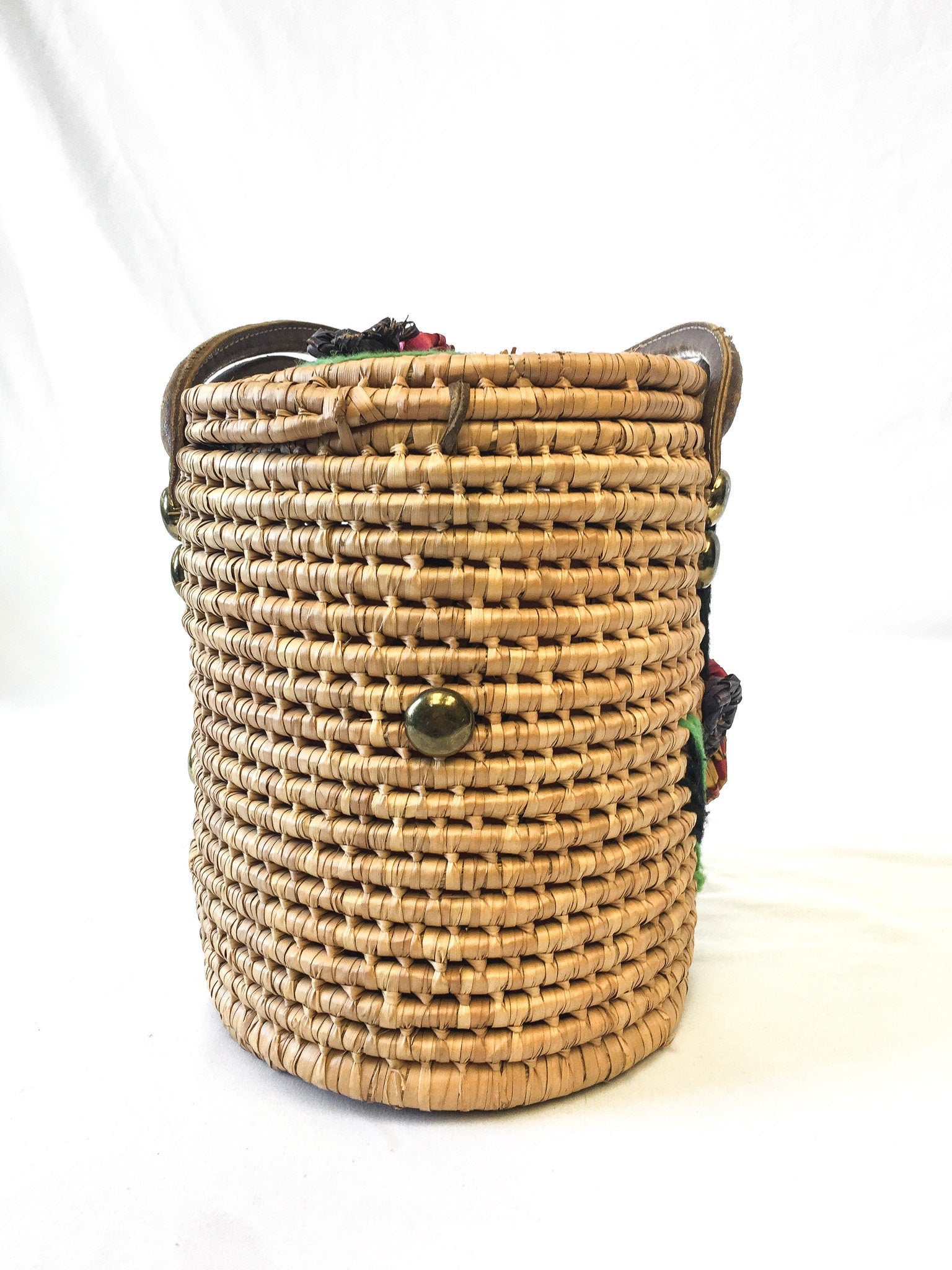 Vintage Handcrafted Floral Wicker Basket Bag, Coquette Wicker Picnic Basket