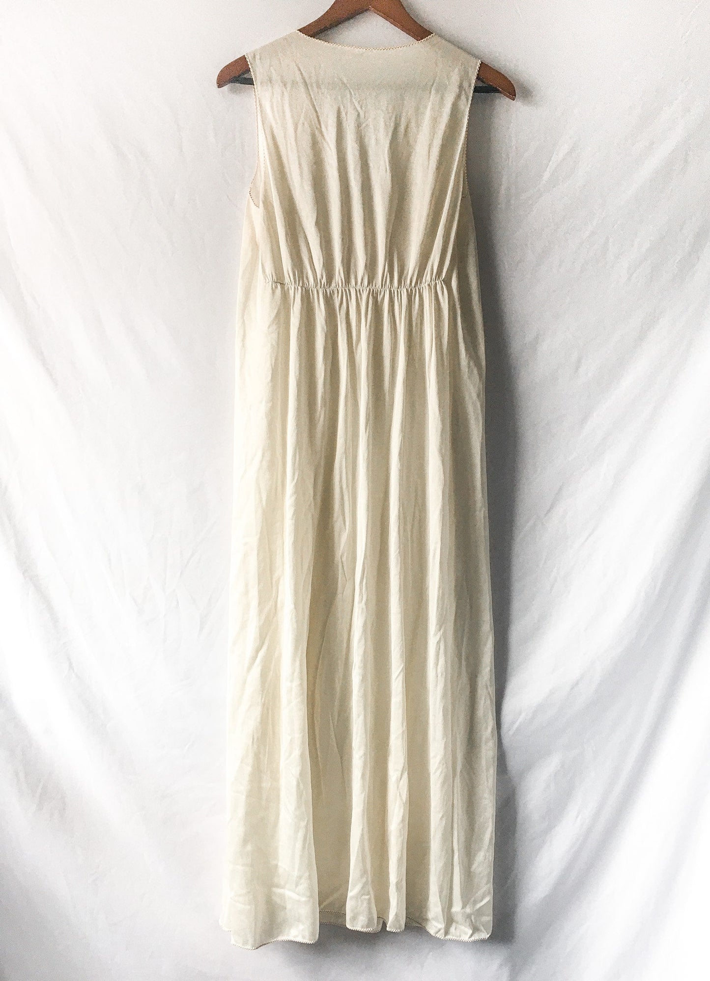 Vintage Sears Cream/Off-White Peignoir Slip Dress with Brown Floral Embroidery, Sz. L 38-40