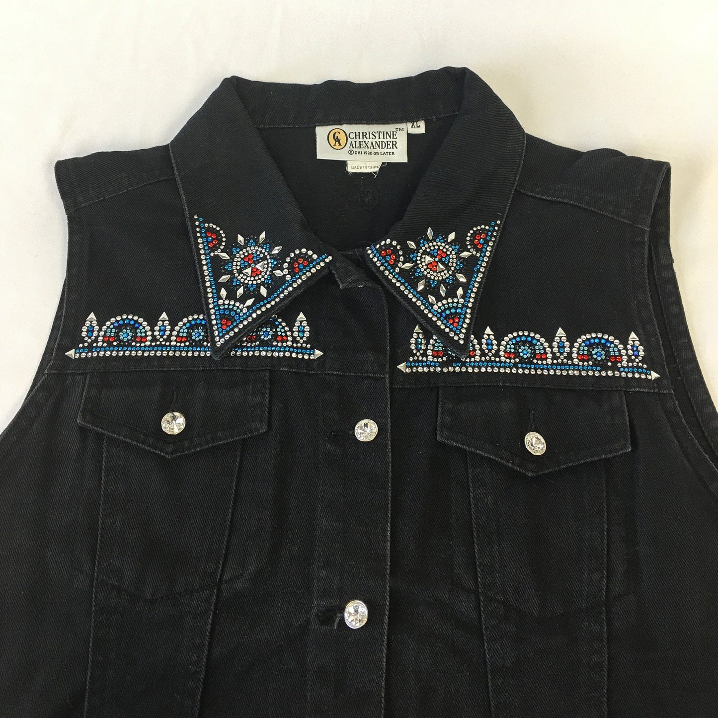 Vintage 90s Christine Alexander Black Denim Vest with Red and Blue Rhinestone Detail, Women's Sz. XL, Vintage Rhinestone Western Vest