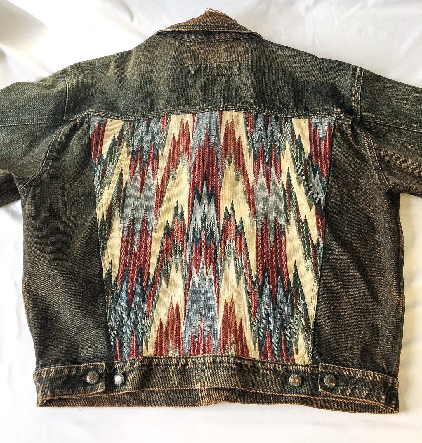 Vintage 90s Bugle Boy Gold Crest Multicolor Woven Abstract Patterned Denim Jacket, Sz. L, 1990s Unique Jean Jacket