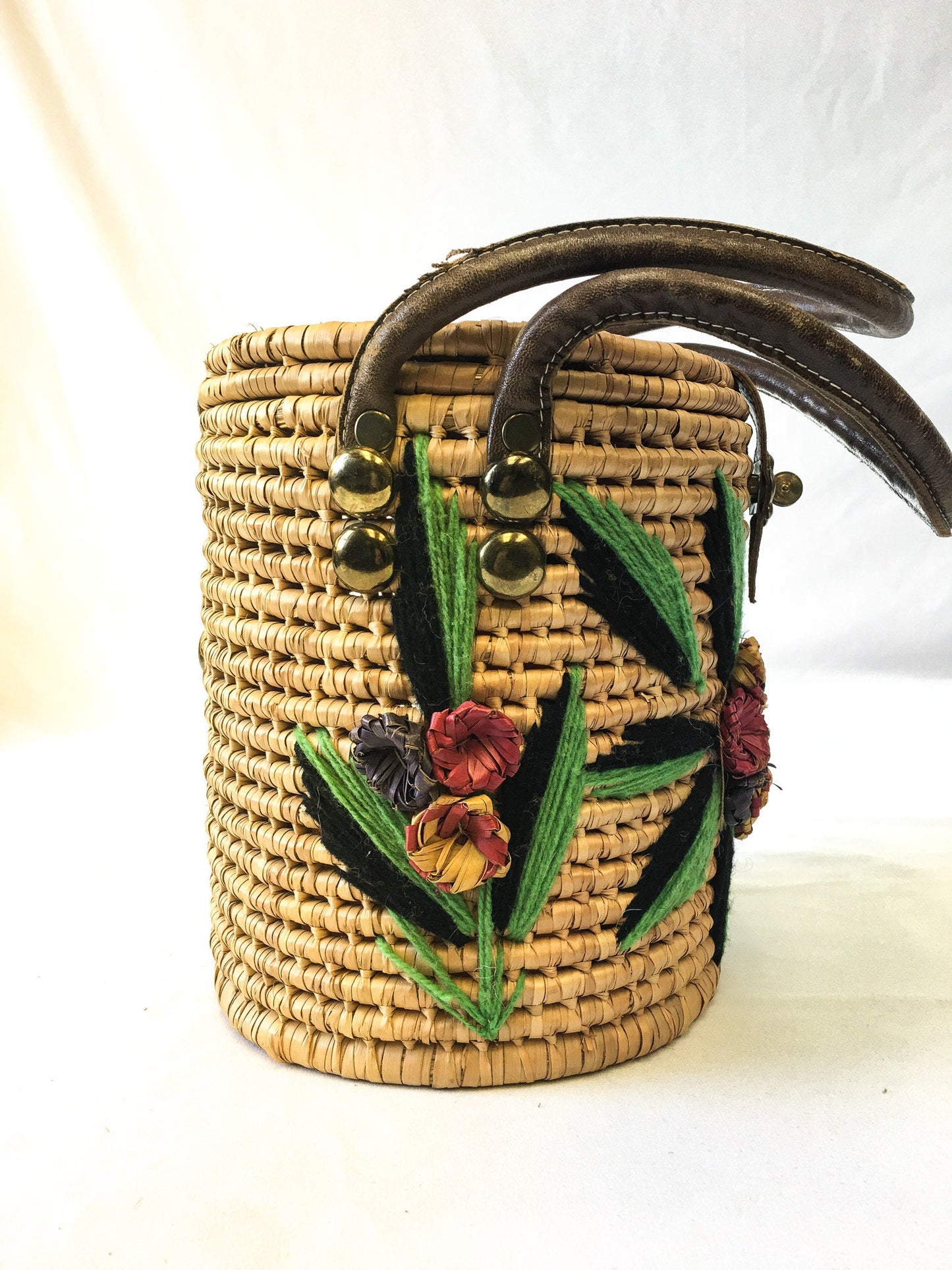 Vintage Handcrafted Floral Wicker Basket Bag, Coquette Wicker Picnic Basket