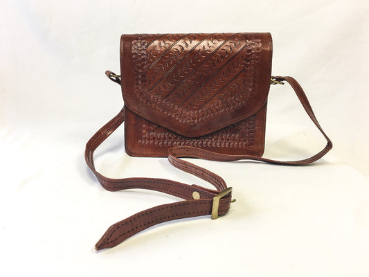 Vintage Handcrafted Tooled Leather Crossbody with Scallop Engraving Detail, Vintage Western Handbag