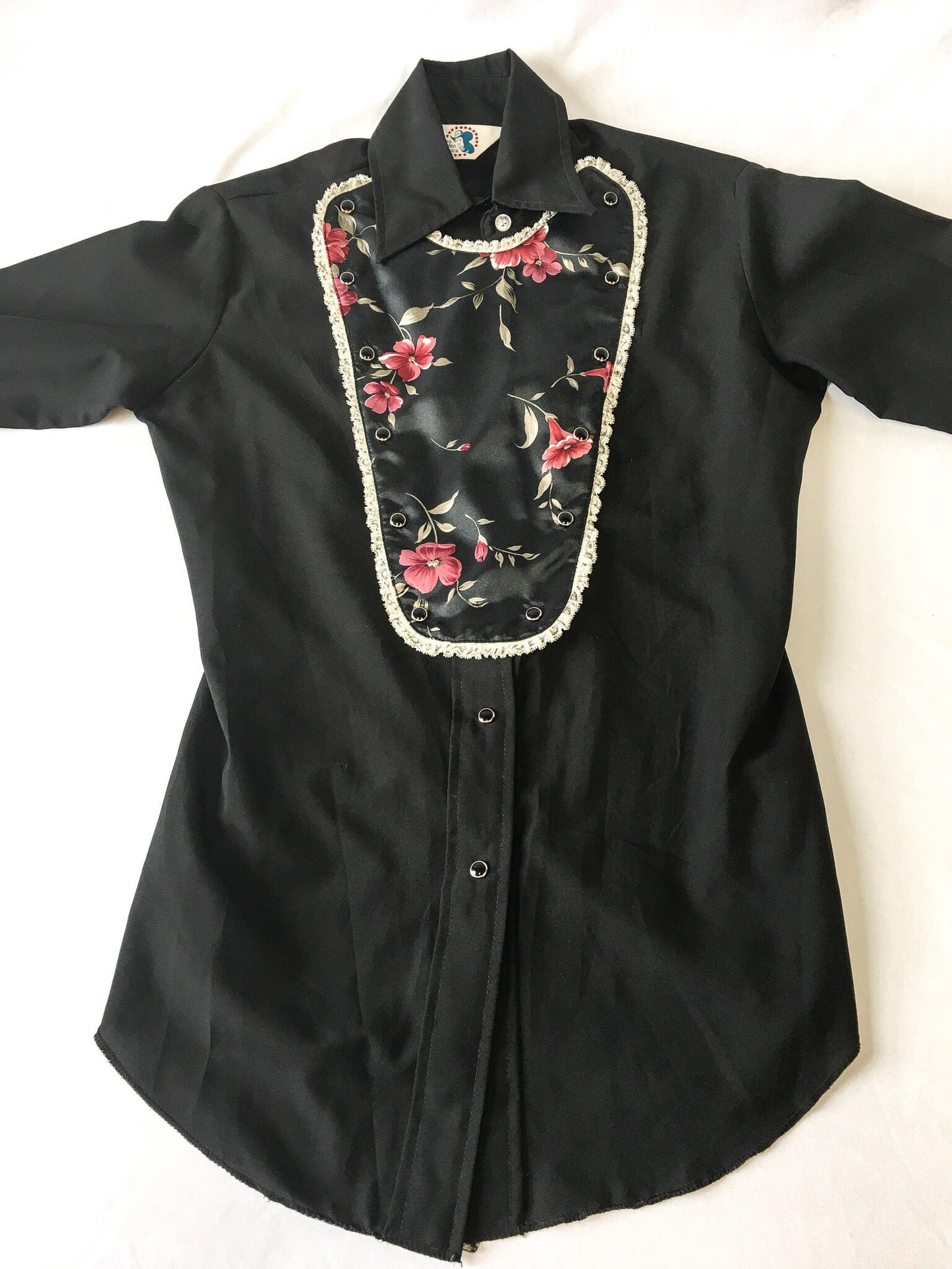 Vintage 70s Miss Rodeo America Black Floral Button Up with Detachable Chest Piece, Sz. 5/6, 70s Western Wear