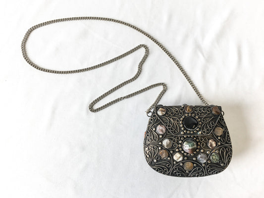 Vintage Sajai Metal Purse with Natural Agate Stones and Chain Strap, Unique Metal Handbag