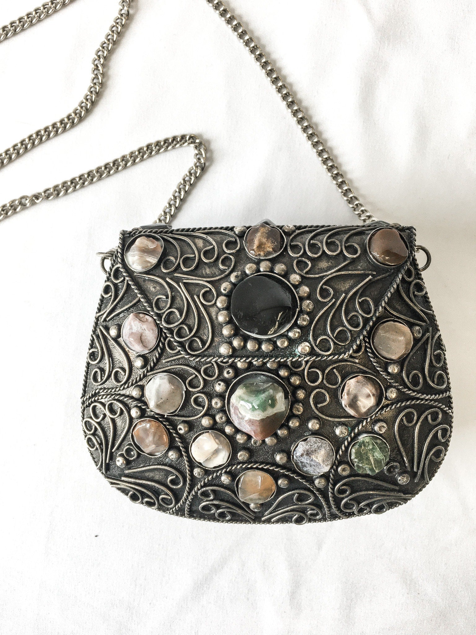 Vintage Sajai Metal Purse with Natural Agate Stones and Chain Strap, Unique Metal Handbag