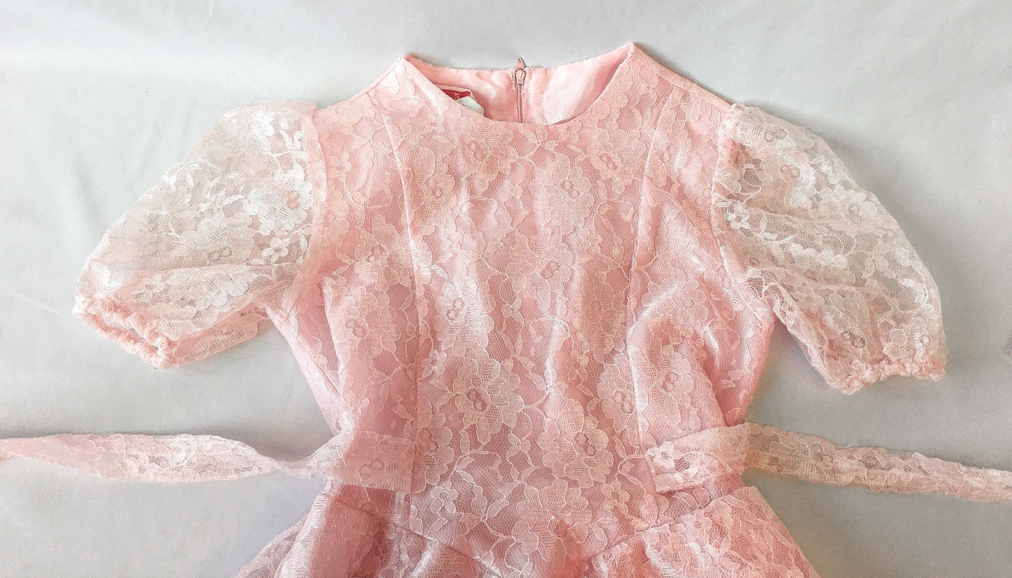 Vintage 70s Sharlyn Girls Pink Lace Short-Sleeved Dress, Vintage Sz. 10, 70s Children's Dress