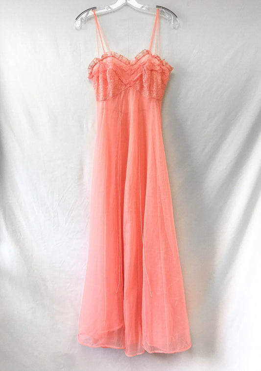 Vintage 80s Kickernick Restware Coral Pink Slip Dress with Lace Detail, Sz. 34, Vintage Peignoir Dress