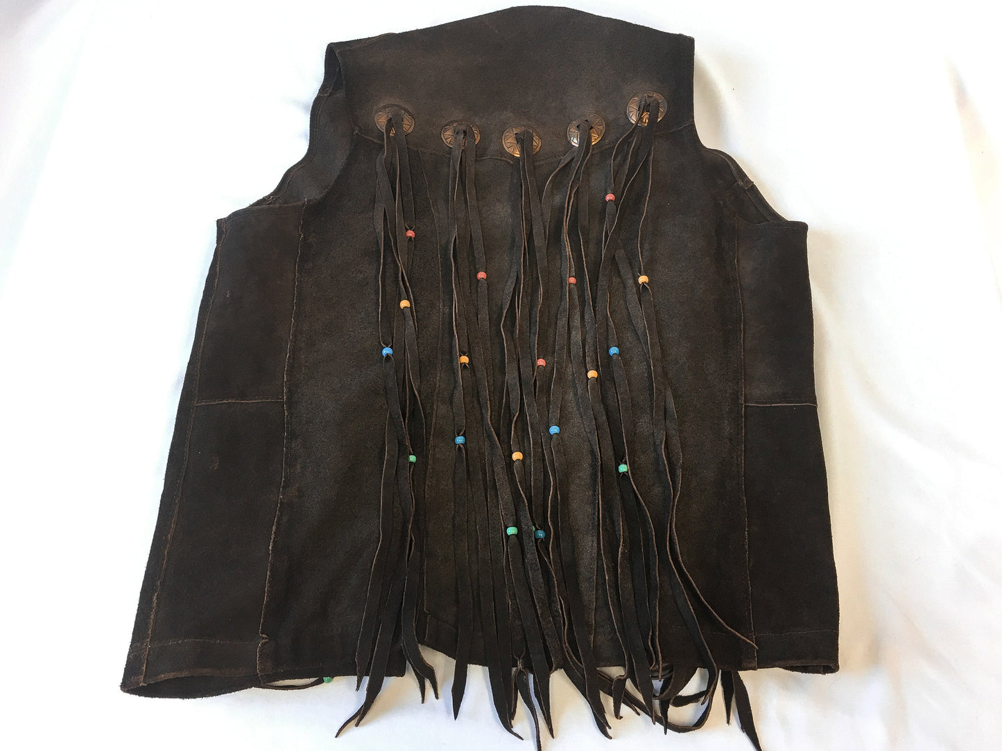 Vintage 70s Sullivan of Albuquerque Chocolate Brown Suede Leather Vest with Beaded Fringe and Bronze Toned Concho Detail, Sz. S