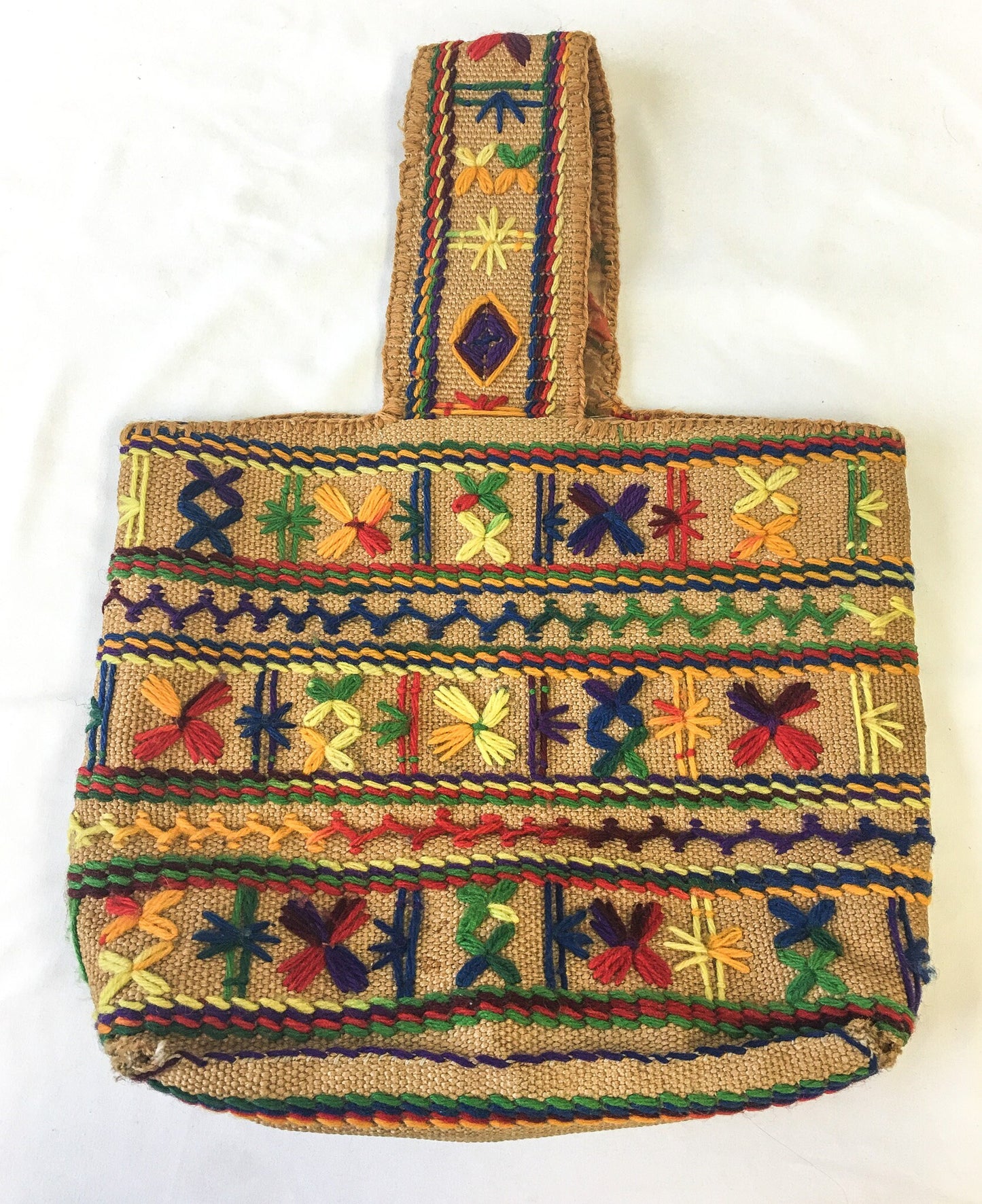 Vintage 70s Handcrafted Rainbow Needlepoint Burlap Crewel Top Tote Bag, 70s Boho Handbag