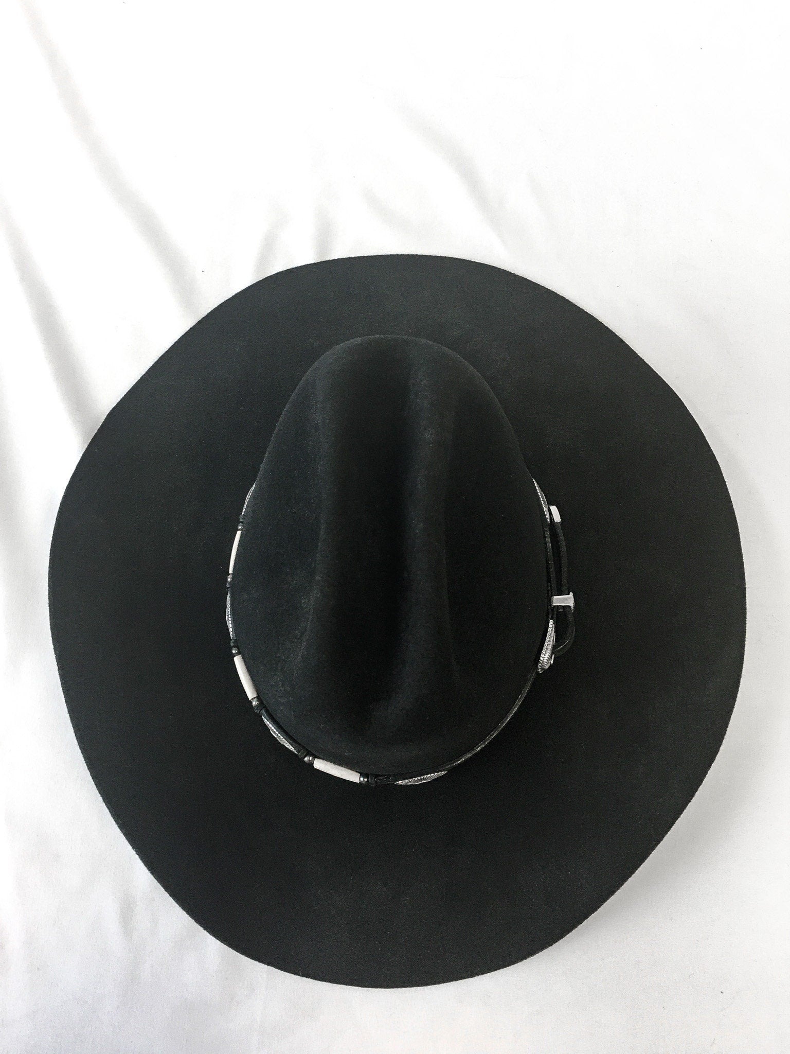 Vintage M.H.T. Westerns 3X Beaver Blend Black Cowboy Hat with Silver Buckle and Concho Band, Sz. 7