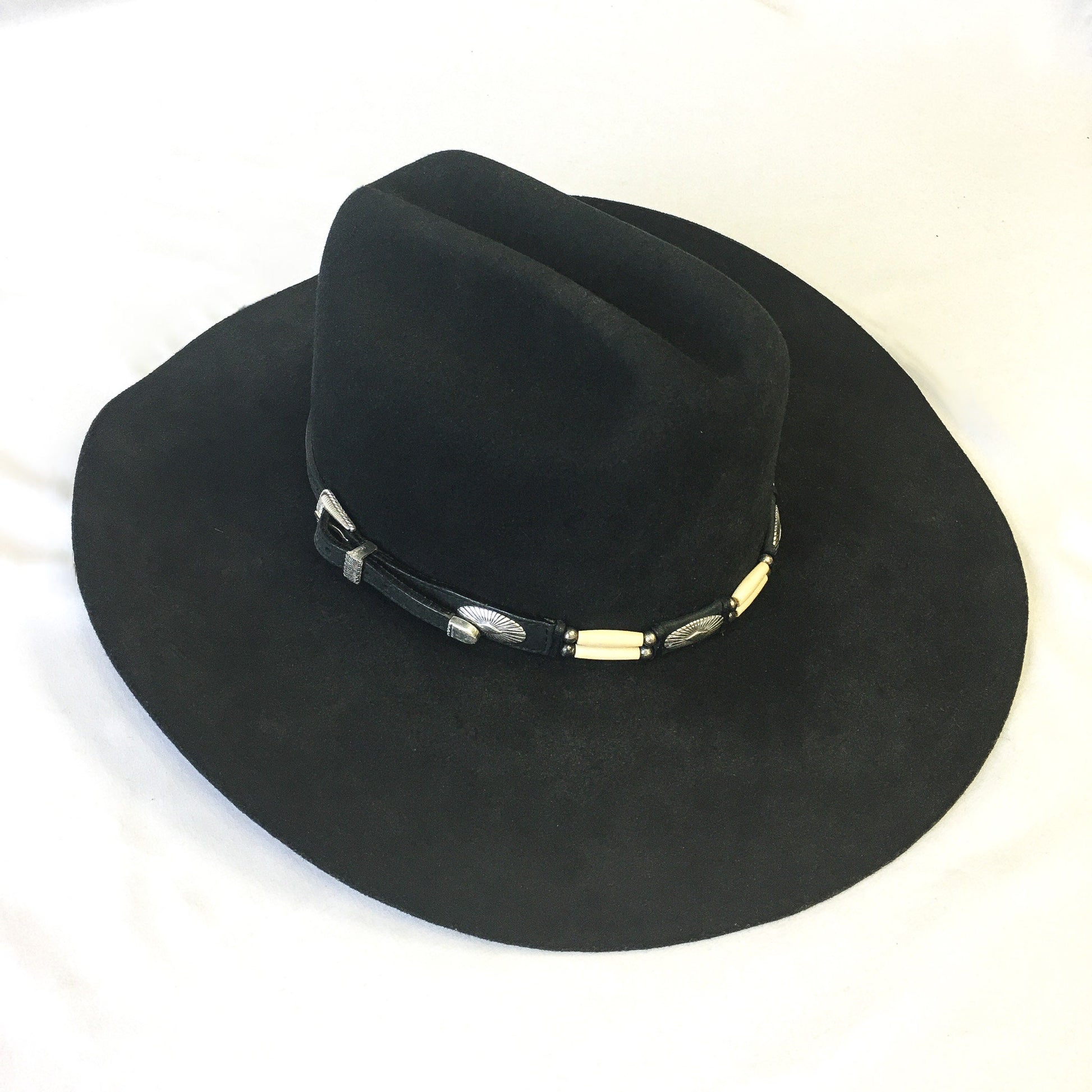 Vintage M.H.T. Westerns 3X Beaver Blend Black Cowboy Hat with Silver Buckle and Concho Band, Sz. 7