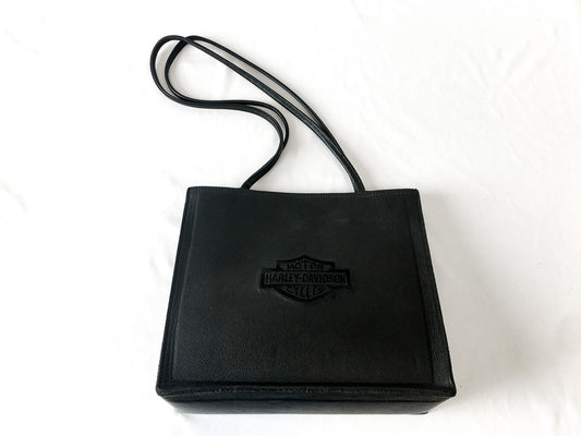 Vintage Harley Davidson Black Leather Structured Tote Bag, Harley Davidson Handbag
