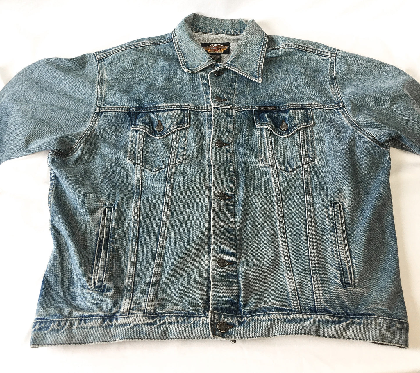 Vintage Harley Davidson Light Wash Denim Jacket with Embroidered Back Logo, Sz. XL, Vintage Harley Jacket