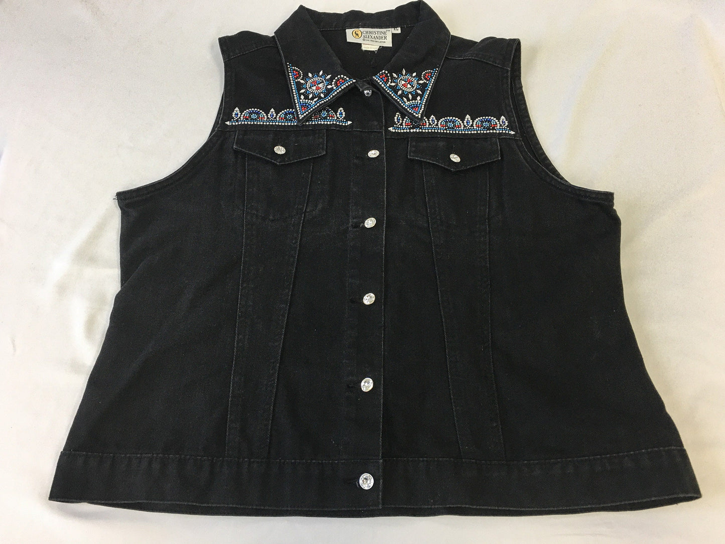 Vintage 90s Christine Alexander Black Denim Vest with Red and Blue Rhinestone Detail, Women's Sz. XL, Vintage Rhinestone Western Vest