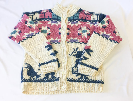 Vintage 80s/90s Woolrich Cream 100% Wool Boy Girl Silhouette Abstract Patterned Mock Neck Cardigan, Women's Sz. M, Vintage Woolrich Sweater