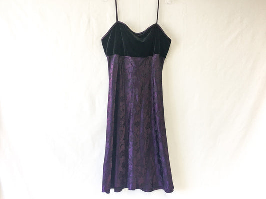 Vintage 90s Steppin'nit Black and Purple Velvet Mini Dress with Floral Detail, Sz. 7/8, 90s Mini Dress