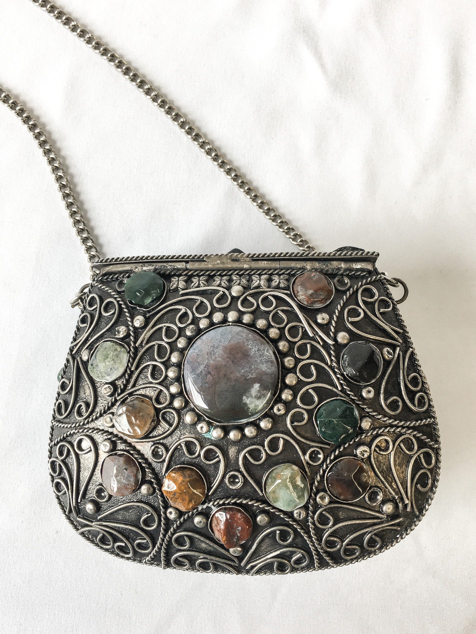Vintage Sajai Metal Purse with Natural Agate Stones and Chain Strap, Unique Metal Handbag