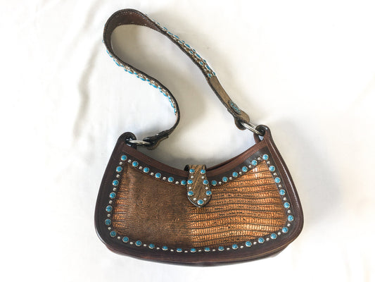 Vintage Double J Saddelry Brown Leather Shoulder Bag with Blue and Silver Stud and Cross Detail Vintage Western Handbag