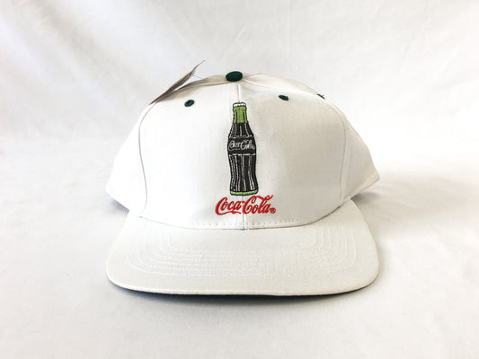 Vintage 90s NWT Coca-Cola White Embroidered Coke Bottle Flatbrim Baseball Cap, Vintage Coke Apparel