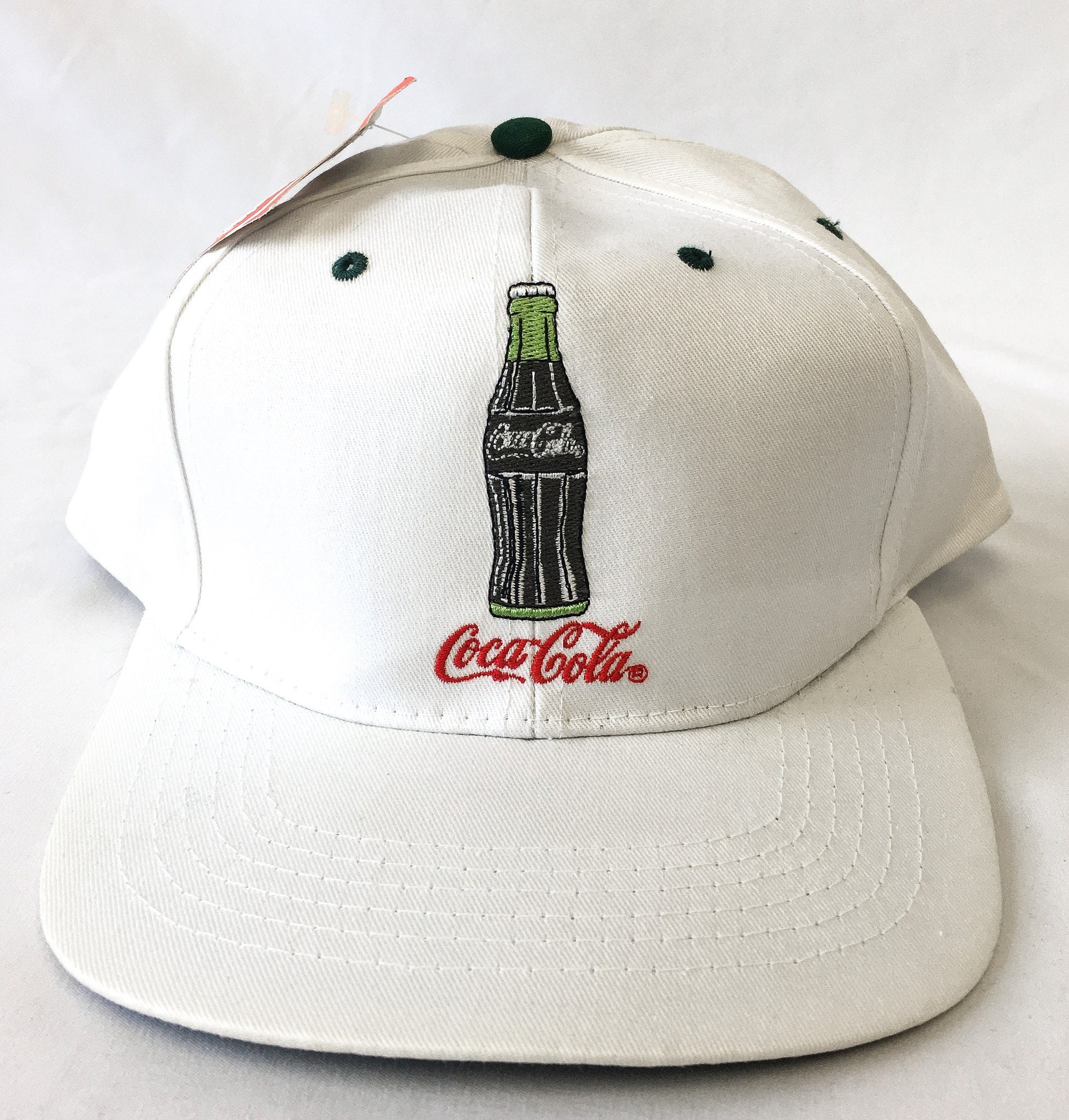 Vintage 90s NWT Coca-Cola White Embroidered Coke Bottle Flatbrim Baseball Cap, Vintage Coke Apparel