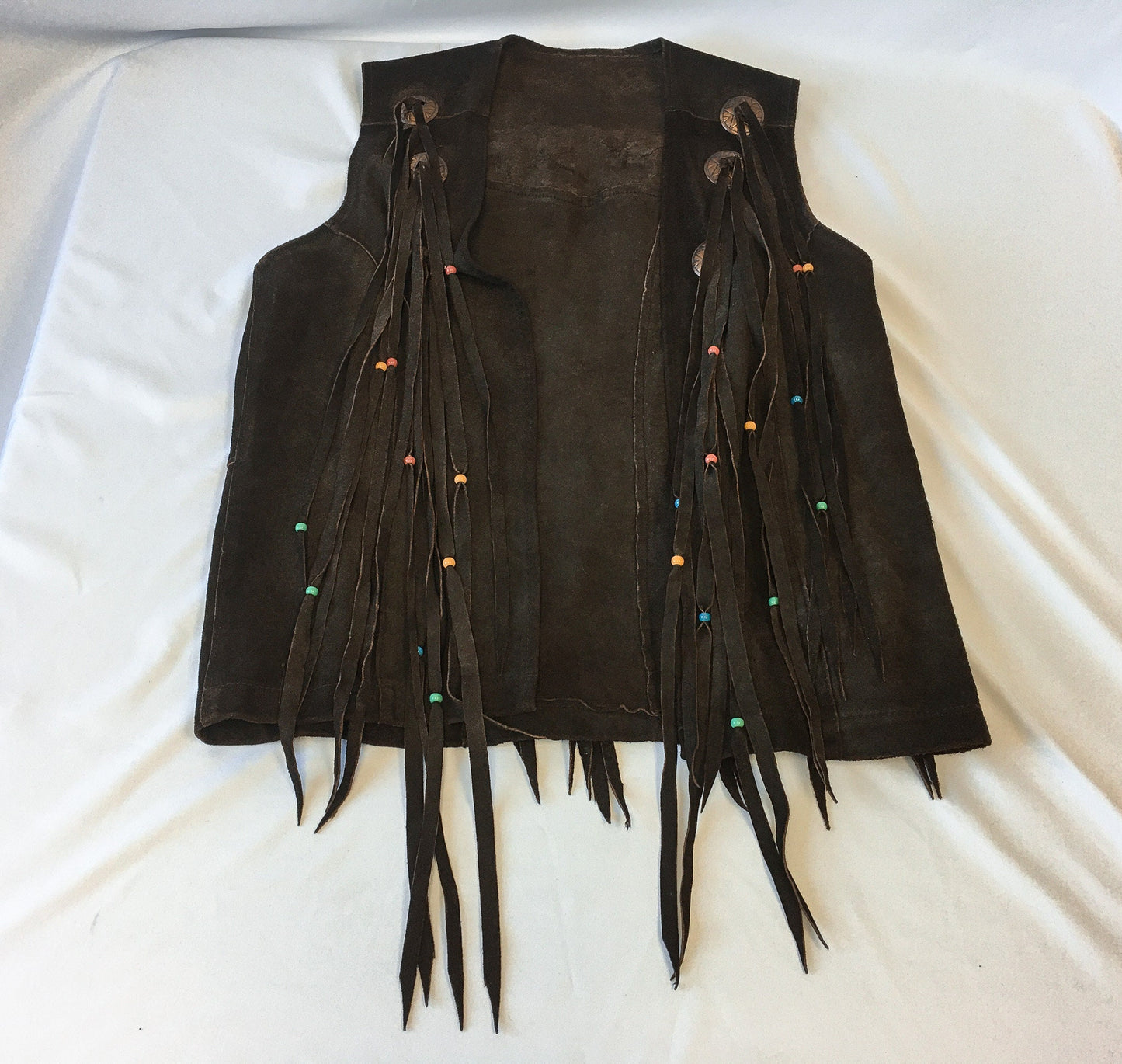 Vintage 70s Sullivan of Albuquerque Chocolate Brown Suede Leather Vest with Beaded Fringe and Bronze Toned Concho Detail, Sz. S