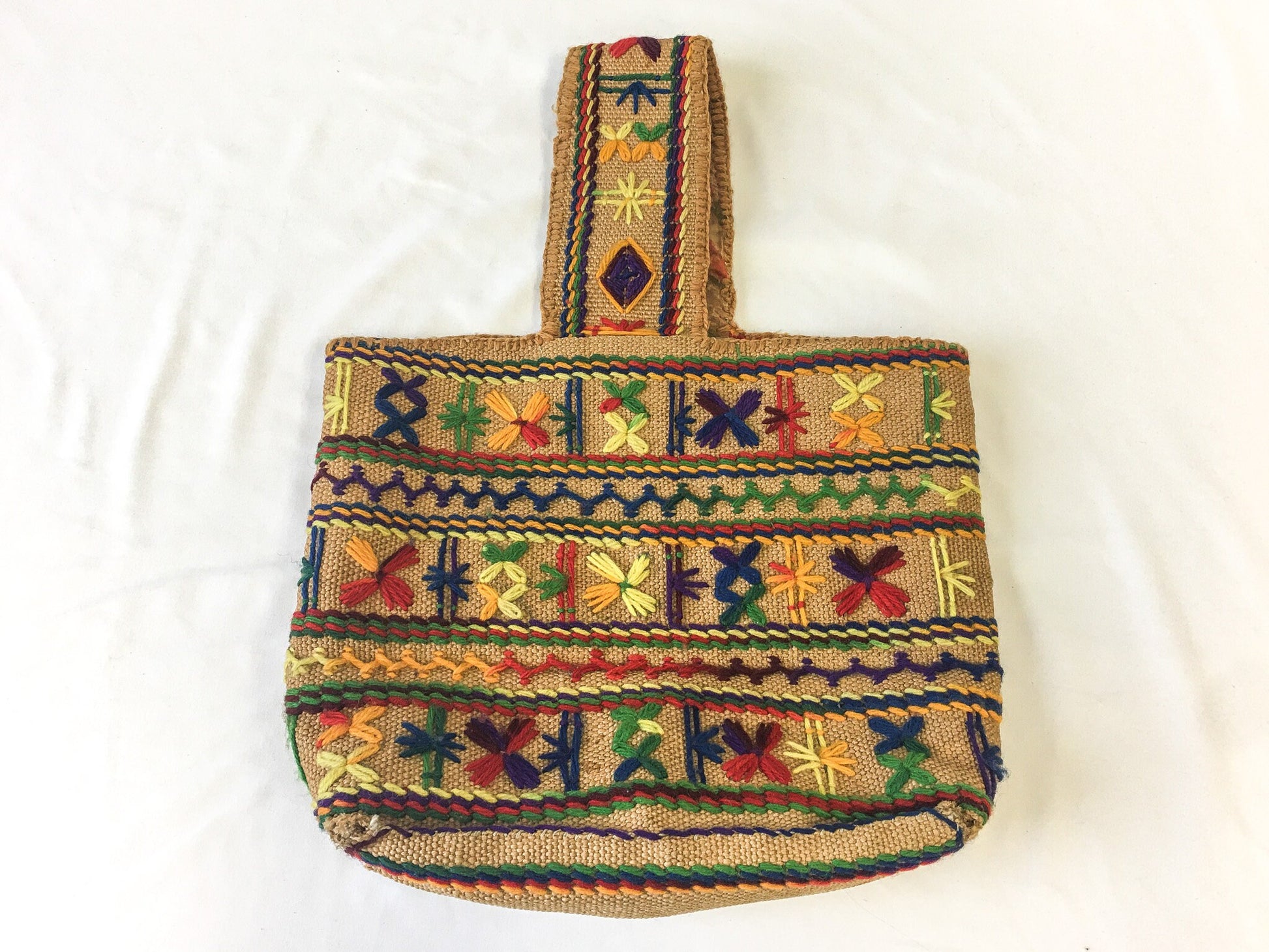 Vintage 70s Handcrafted Rainbow Needlepoint Burlap Crewel Top Tote Bag, 70s Boho Handbag