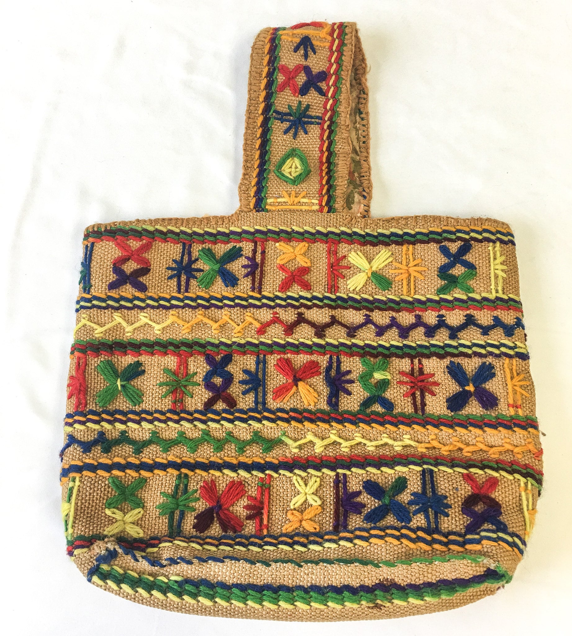Vintage 70s Handcrafted Rainbow Needlepoint Burlap Crewel Top Tote Bag, 70s Boho Handbag
