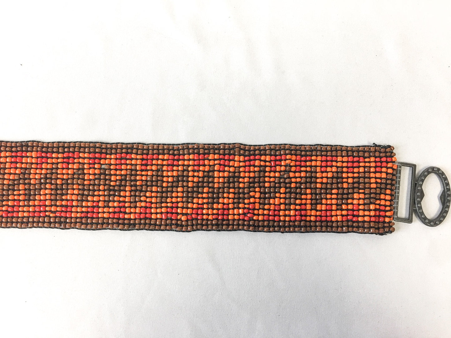 Vintage Orange/Red/Brown Zig-Zag Patterned Beaded Elastic Belt with Silver Toned Metal Buckle, Vintage Western Boho Belt