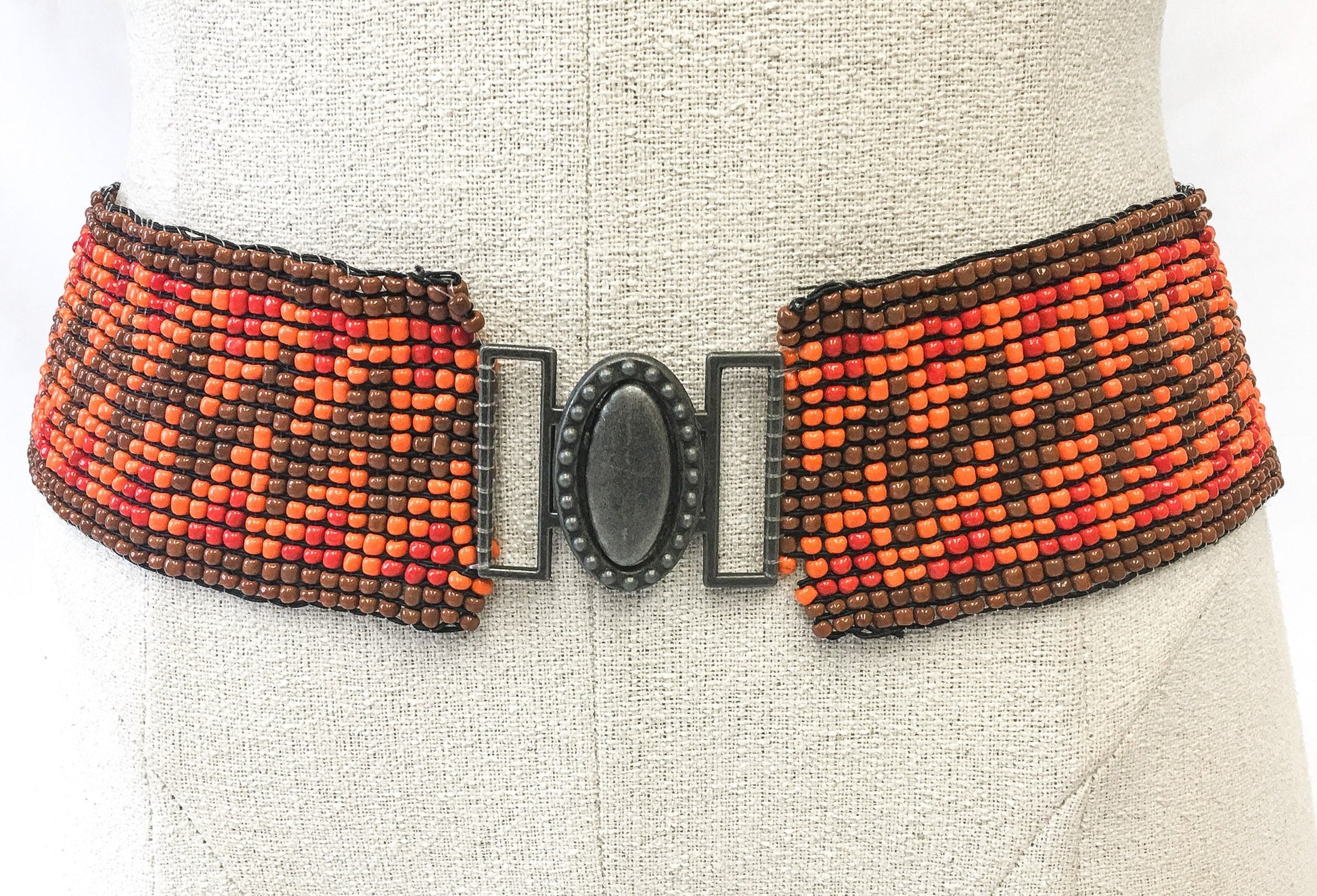 Vintage Orange/Red/Brown Zig-Zag Patterned Beaded Elastic Belt with Silver Toned Metal Buckle, Vintage Western Boho Belt