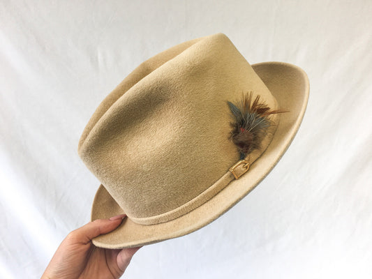 Vintage Resistol Beige Wool Fedora with Gold Toned Buckle and Feather Band Detail, Sz. 7