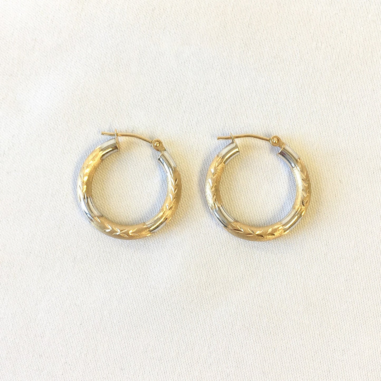 Vintage 14k Gold Two-tone Etched Hoop Earrings