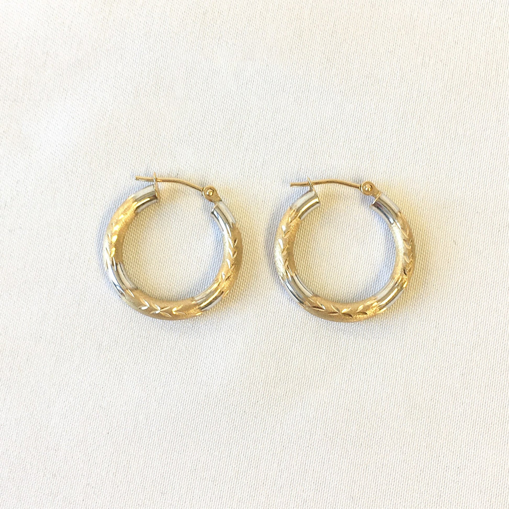 Vintage 14k Gold Two-tone Etched Hoop Earrings