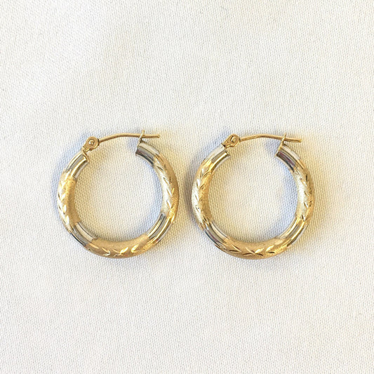 Vintage 14k Gold Two-tone Etched Hoop Earrings