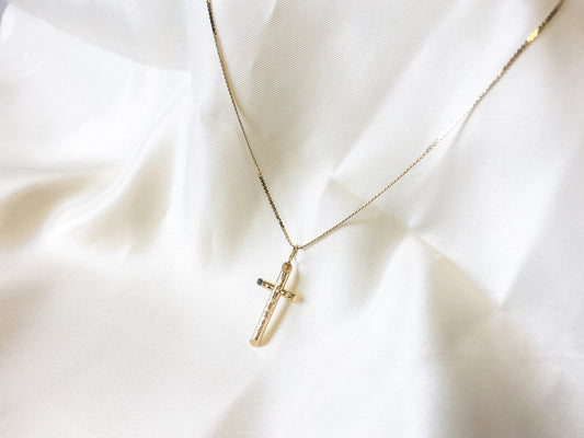 14k Gold Cross Necklace with 14k Gold Chain, Etched Cross Pendant, Italy
