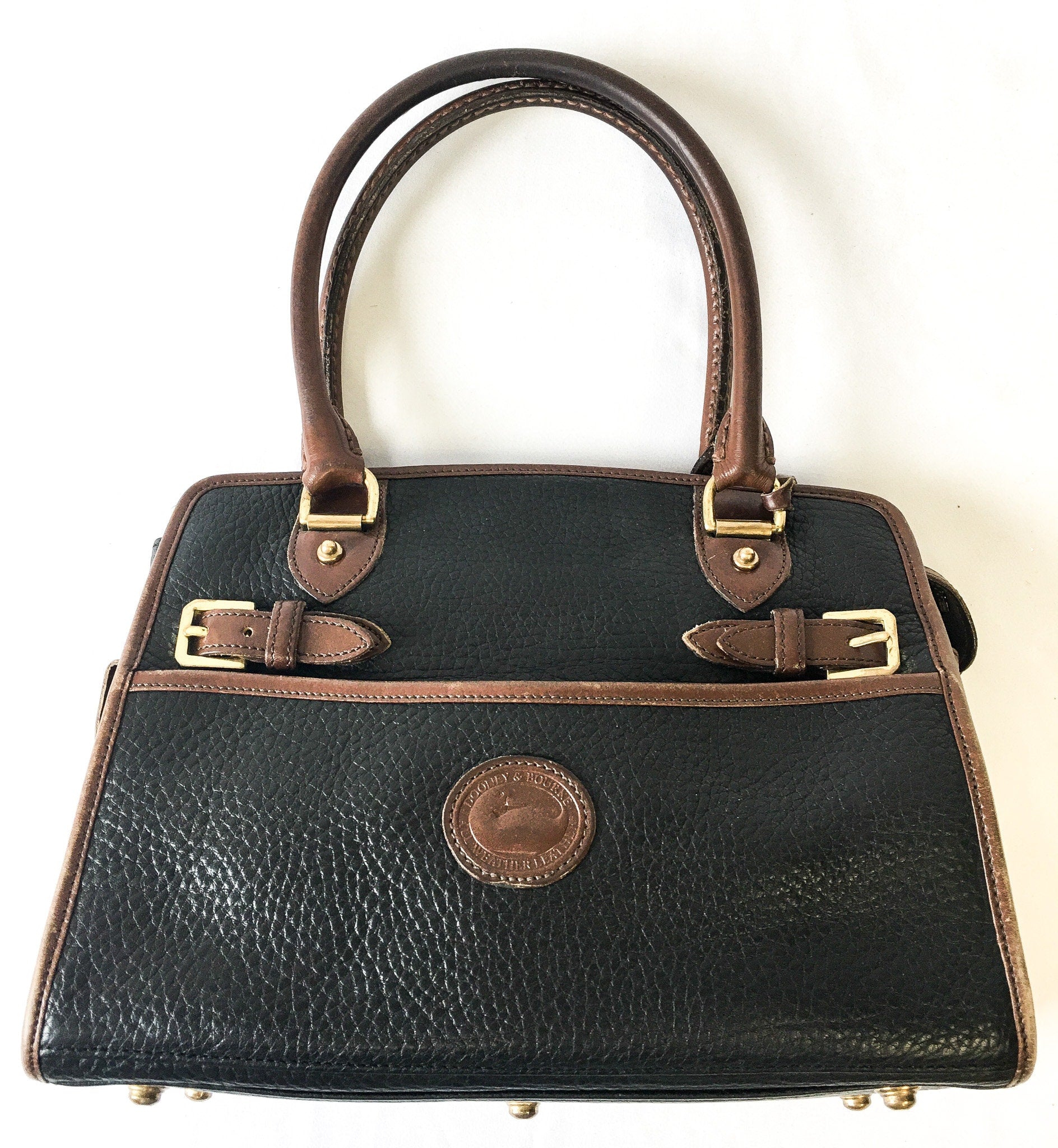 Vintage 90s Dooney and Bourke Black and Brown Pebbled Buckle Satchel, 90s Dooney Top Handle Handbag