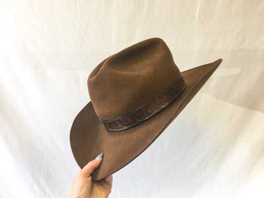 Vintage Beaver Brand Brown 7X Cowboy Hat with Engraved Floral Leather Band, Vintage Western Hat