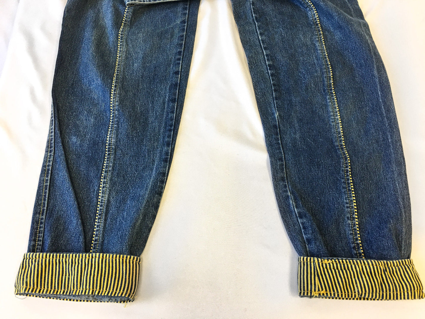 Vintage 80s Freezer Medium Wash Jeans with Yellow Striped Details and Built-In Belt, Women's Sz. 29" Waist, Made in Italy