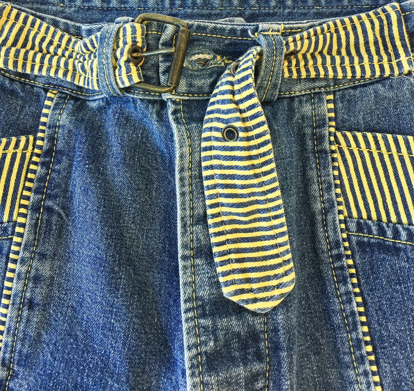 Vintage 80s Freezer Medium Wash Jeans with Yellow Striped Details and Built-In Belt, Women's Sz. 29" Waist, Made in Italy