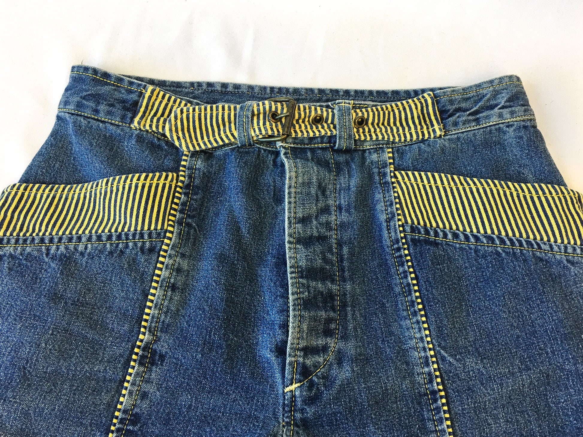 Vintage 80s Freezer Medium Wash Jeans with Yellow Striped Details and Built-In Belt, Women's Sz. 29" Waist, Made in Italy