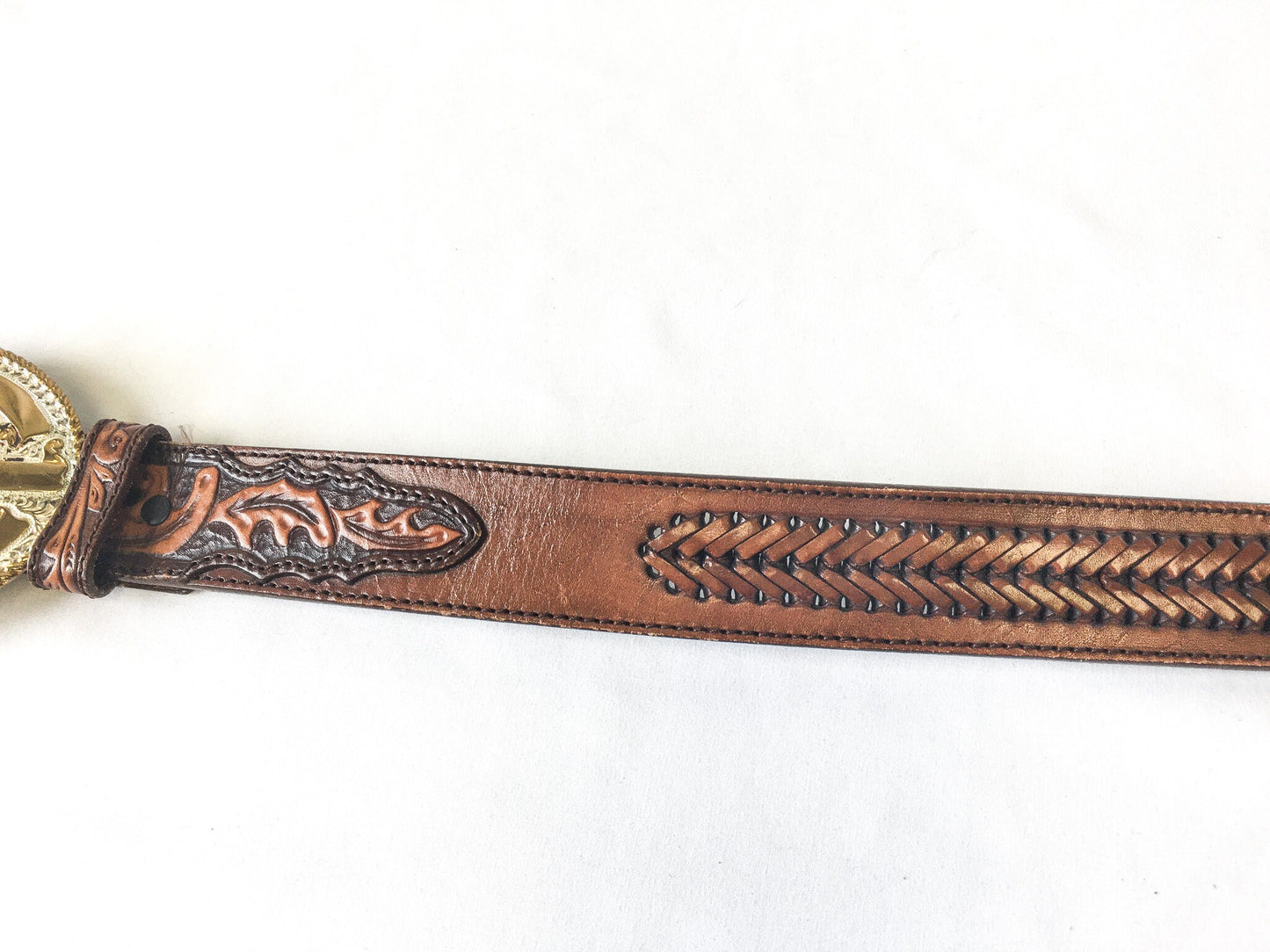 Vintage Tony Lama Woven and Floral Engraved Leather Belt with Crumrine Silver & Gold Tone Bronze Horse Buckle, Sz. 34, Vintage Western Belt