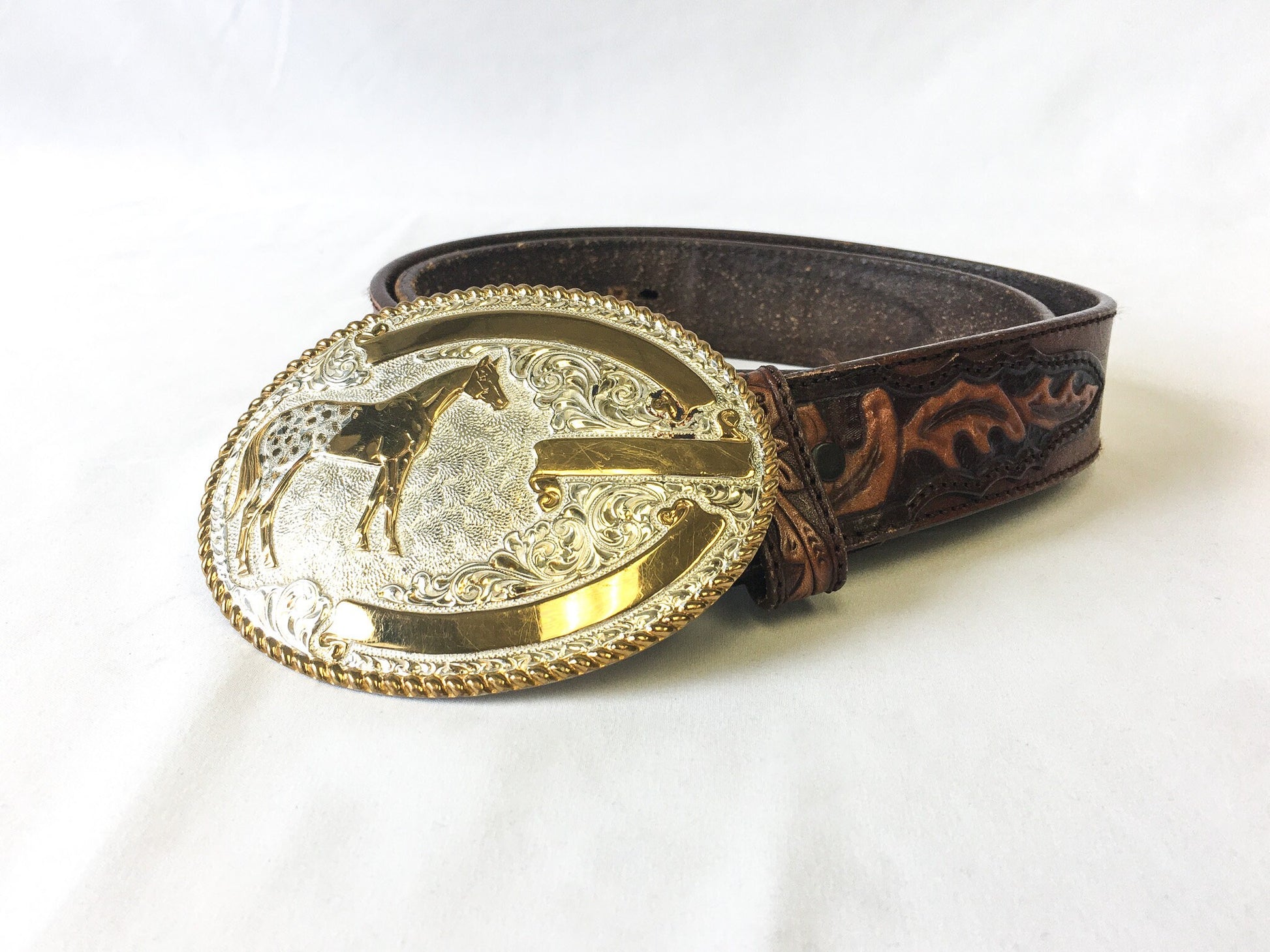 Vintage Tony Lama Woven and Floral Engraved Leather Belt with Crumrine Silver & Gold Tone Bronze Horse Buckle, Sz. 34, Vintage Western Belt