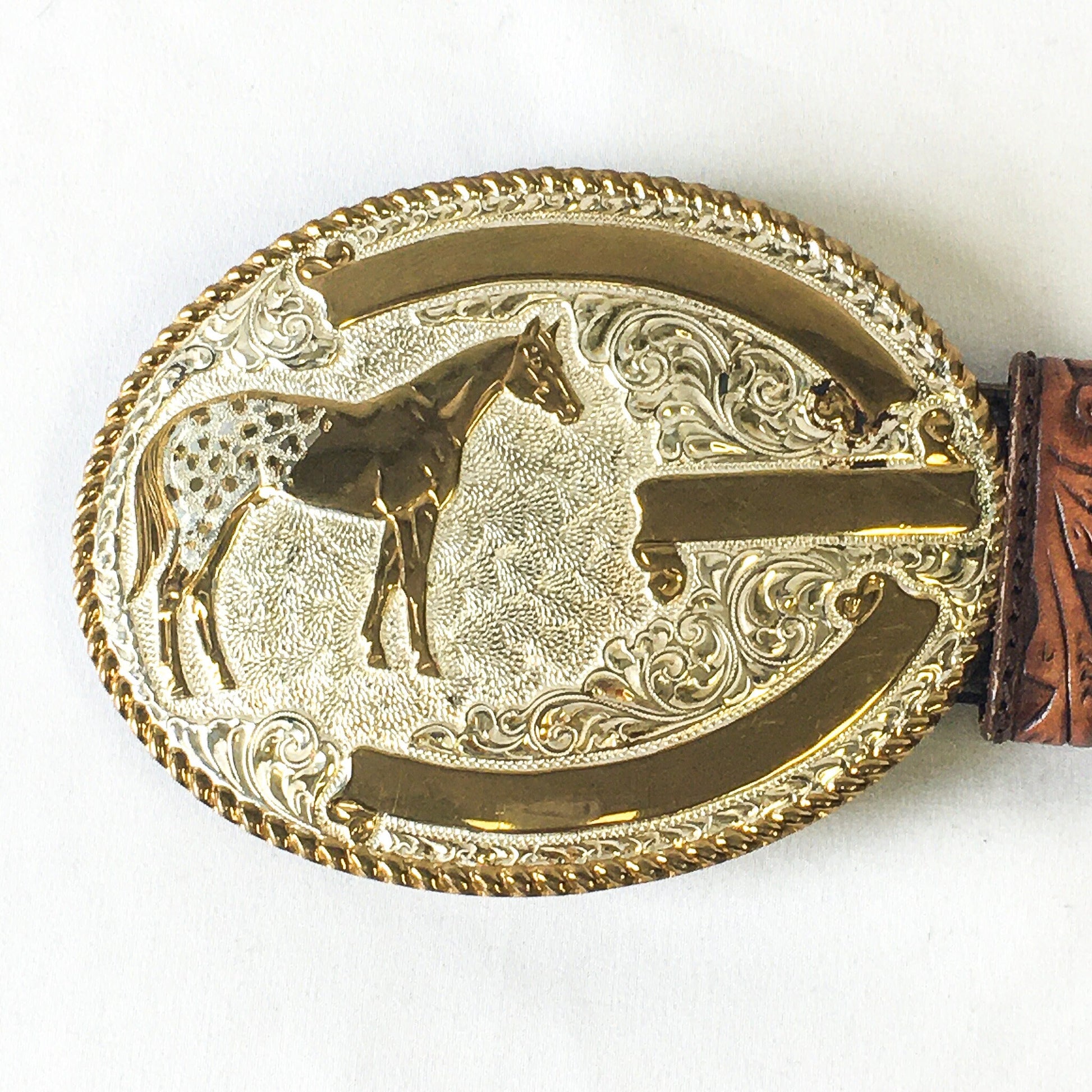 Vintage Tony Lama Woven and Floral Engraved Leather Belt with Crumrine Silver & Gold Tone Bronze Horse Buckle, Sz. 34, Vintage Western Belt