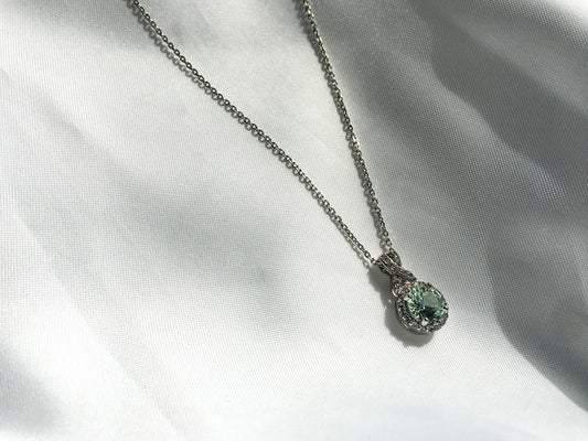 Preloved Gems of Serenity Green and White Lab Created Sapphire Halo Necklace 925 18 inches